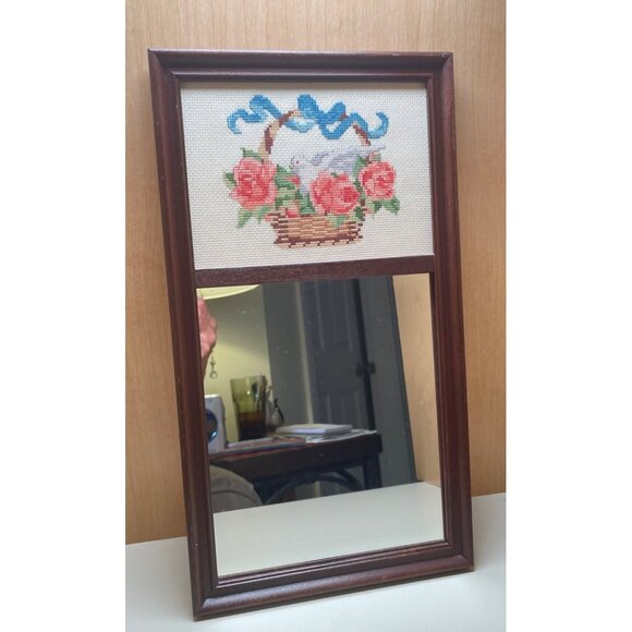 Vintage Wooden Framed Mirror With Handcrafted Cross-Stitch Rose & Dove Design - Picture 1 of 15